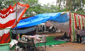The strong winds on Thursday night uprooted the tent (above) under which the members of the Special Trainer Teachers Union had been camping.