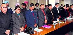 Municipal councillors observe a two-minute silence in memory of those who passed away recently in Jalandhar on Friday