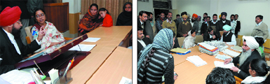 (Left) District and Sessions Judge Jaspal Singh counsels a mother to take care of her children, during the Mega Lok Adalat held in Bathinda on Saturday; and Chief Judicial Magistrate Harjeet Singh (in white turban) hears a case at the special court.