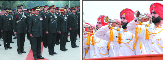 (Left) Army officers pay tributes to the valiant soldiers, who laid their lives for the country in the 1971 war, during the Vijay Diwas celebrations held at the Bathinda military station on Saturday. Lieutenant-General Sanjeev Anand, GOC, Chetak Corps, and other senior serving officers of the Army were part of a wreath-laying ceremony held on the occasion. Regional president of the Army Wives Welfare Association (AWWA) Chetak Corps, Annie Anand, felicitated Veer Naris and war widows of Bathinda and Mansa districts during the ceremony. A facility centre was also established at the Chetak Empowerment Centre which included medical camp, ex-servicemen helpline, ex-servicemen contribution health scheme polyclinics, offices of Zila Sainik Welfare Officer of the Bathinda and Mansa districts and defence pension disbursing office, Bathinda. (Right) Soldiers blowing bugles in the honour of the martyrs. 
