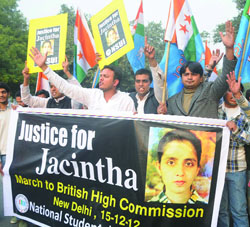 Activists of the NSUI shout slogans and take out a march to the British High Commission in support of Indian-born nurse Jacintha Saldanha, who was found dead after being hoaxed by two Australian radio presenters, during a protest in New Delhi on Saturday.