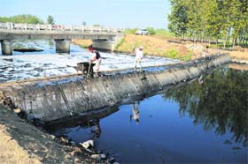 ECOLOGICAL DISASTER: The murky, frothy waters of the nullah carrying solid waste and effluents. A Rs 22-crore bioremediation project has been launched to put life back in the waters