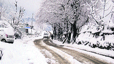 A private passenger vehicle moving near Kangan, Srinagar, on Saturday. 