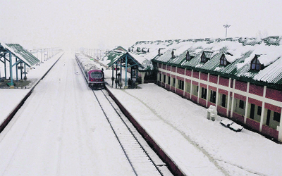 A train halts at Mazhom in Central Kashmir after locals staged a protest on Saturday. 