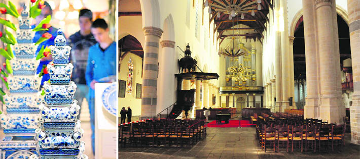 The Dutch blue pottery, also called Delftware; and (right) an inside view of the 13th century Oude Kerk (old church) Photos: Tourist Information Point, Delft