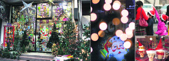 (Clockwise from left) Decorated shops before Christmas; children get playful while shopping for Christmas in Jalandhar; Christmas hats on display in Jalandhar. 
