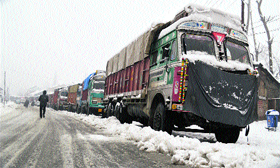 a long queue of stranded trucks in Anantnag district.