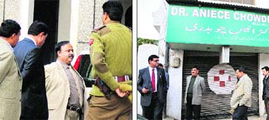 The private clinic of Dr Aniece Choudhary (3rd from left), principal of Government Medical College and Hospital, Jammu, being sealed on Sunday.