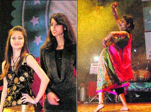 Girls take part in a talent hunt show in Jammu on Sunday. 