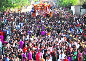 A sea of devotees during a rath yatra in Ludhiana on Sunday