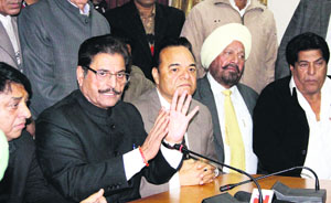 Punjab Congress incharge Gulchain Singh Charak addresses mediapersons in Jalandhar on Sunday.
