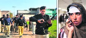 Pakistani policemen carry away collected evidence after a gun battle with Taliban militants; and (right) an injured girl talks on her cell phone after receiving treatment at a local hospital in Peshawar on Sunday