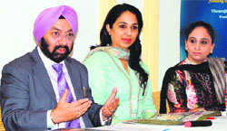 Vikramjit Singh Sahney addresses mediapersons in Amritsar on Monday.