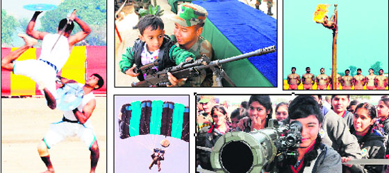 (Clockwise from left) Two jawans exhibit martial arts. A child checks out a gun. Jawans participate in malkhamb. A girl tries her hand at a weapon and a personnel during parasailing at the Army mela at Khasa on Monday.