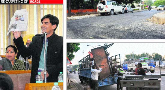 (Clockwise): BJP councillor Saurabh Joshi shows a copy of Chandigarh Tribune highlighting the issue of pitiable condition of roads during the General House meeting; MC officials get a damaged road repaired; and civic body workers load confiscated items on to a truck at Atawa Chowk in Chandigarh on Monday