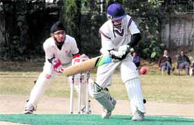 A player in action during a match in the Banke Lal Sah Memorial Under-15 Cricket Tournament in Dehradun on Monday.