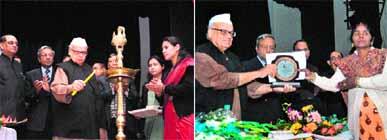 Uttarakhand Governor Aziz Qureshi lights the traditional lamp to inaugurate a seminar on the RTI Act; and (right) Vibha Devi Namdev of Rishikesh being honoured by the Governor at Raj Bhawan in Dehradun on Monday.