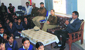 Senior Superintendent of Police Bharti Arora addresses a students convention at Government Senior Secondary School, Masani village, Rewari, recently.