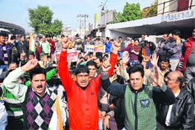Kashmiri migrants protest in Jammu on Monday