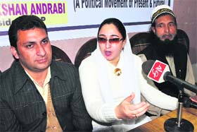 Socialist Democratic Party president Darakshan Andrabi addresses a press conference in Jammu on Monday