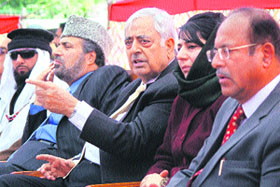 PDP leaders at a party meeting outside the PDP office in Jammu on Monday.