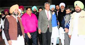 Congress leaders, including CLP Leader Sunil Jakhar, in Chandigarh on Monday.