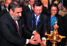 Commerce & Industry Ministry Anand Sharma, Cambodian Commerce Minister Cham Prasidh (C), and FICCI president-elect Naina Lal Kidwai at the inauguration of the second India-ASEAN Business Fair and Conclave in New Delhi on Tuesday.