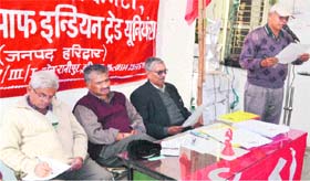 Centre of Indian Trade Union members at a convention in Haridwar on Tuesday