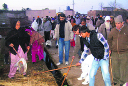 Kurukshetra Deputy Commissioner Mandeep Brar (wearing black shirt) and other officials supervise cleaning of streets in Santokhpura village . Tribune photo 