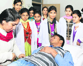 A students of St Soldier Degree College donates blood. Tribune photograph