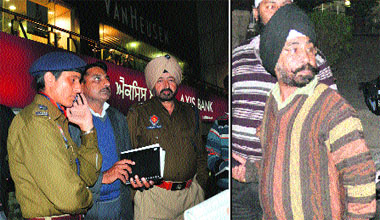 The police makes investigations at Axis Bank on the Mall Road in Ludhiana, where a con man allegedly duped a man; and (right) "victim" Parminder Singh.