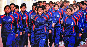 Athletes from various states take part in a march past during the inauguration of the 58th National School Games at Guru Nanak Stadium in Ludhiana
