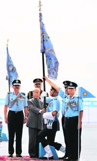 President Pranab Mukherjee presents Presidents Standards to 33rd Squadron at Sulur on Tuesday