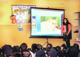 A teacher gives a powerpoint presentation on animals at Ryan Public School in Amritsar on Wednesday