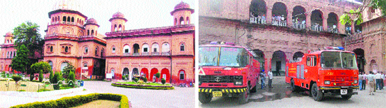 An outer view of the Kacheheri Complex of Kapurthala where a number of district offices are located and (right); A view of the fire incident at the SSP office, Kapurthala, in June this year. tribune Photos: Malkiat Singh