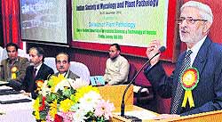 Prof BL Jalali, former director research, HAU, Hisar, addresses the audience during a symposium on Emerging Trends in Plant Pathology at University of Agricultural Sciences and Technology in Jammu on Wednesday