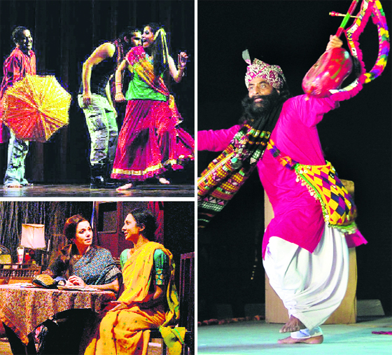 (Clockwise from top left) Artistes enact a scene from play Do kodi ka khel at Punjab Natshala of the National theatre festival; Pakistani Vocal artist Waheed Bukhsh performs during International Sufi Festival; Lilette dubey performs at the ongoing International theatre festival in Amritsar.