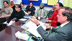 Civil surgeon Dr Ajay Sahni addresses a meeting of the senior medical officers held at the Civil Hospital in Bathinda on Thursday