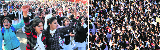 Students protest against the gangrape in Jammu on Thursday. Tribune photo: Inderjeet Singh