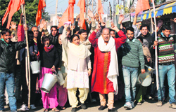 Workers stage protest against the CAPD department in Jammu on Thursday. A Tribune photograph 