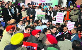 Congress leaders hold a protest against the MC at the Zone A office of the corporation in Ludhiana on Thursday.