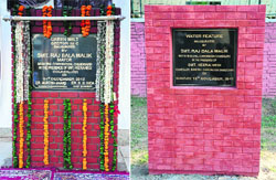 Two plaques bearing the Mayors name installed in the same green belt during the inauguration of a fountain; and (left) the green belt in Sector 32-C, Chandigarh.