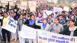 Students of Shravan Nath Math Jawaharlal Nehru College take out a march against the Delhi gang-rape case in Haridwar on Friday. Tribune photo: Rameshwar Gaur