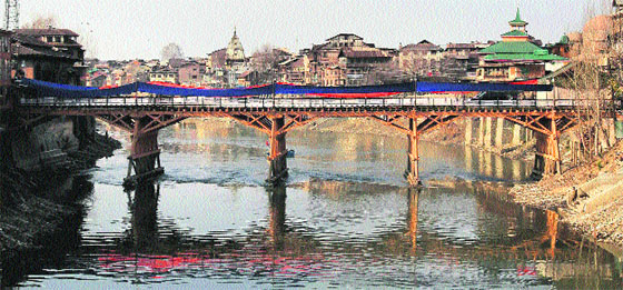 The renovated heritage bridge for pedestrians over the Jhelum in Srinagar after its inauguration by Chief Minister Omar Abdullah on Thursday.