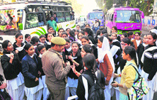 Traffic stranded due to protest by college studnets against the Delhi gangrape case inm Jammu on Friday. 
