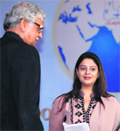 Union minister Sriprakash Jaiswal and actress Nagma at the World Confluence of Humanity, Power and Spirituality in Kolkata on Saturday. PTI