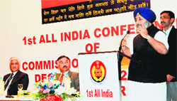 Deputy Chief Minister Sukhbir Badal speaks at the All India Conference of Commissioners of Police in Amritsar on Sunday. photo: Vishal kumar