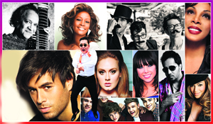 From Top-Clockwise: Pt. Ravi Shankar, Whitney Houston, Fun, Donna Summer, Beyonce, Mika Singh, One Direction, Carly Rae Jepsen, Adele, Psy, Enrique