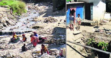 A Bhagirathi rivulet, which merges with the Saryu river, is full of filth and garbage; and (right) the sewer of the Sulabh toilet on the bank of the Saryu going towards the river