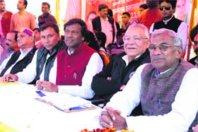Senior Samajwadi Party leaders at a convention in Dehradun on Sunday